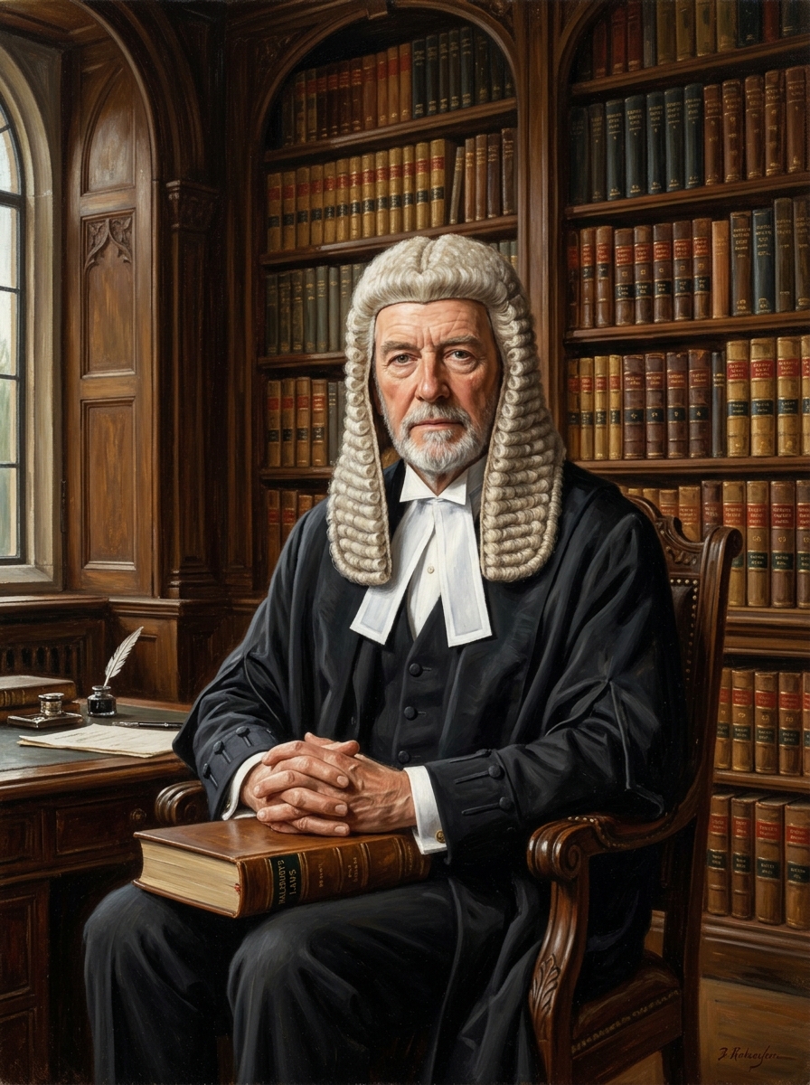 Portrait of an English Barrister in traditional court dress with white powdered horsehair wig and robe