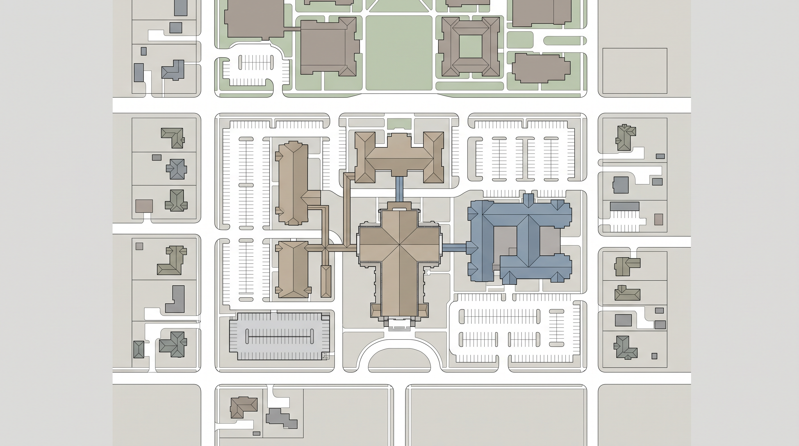 Spatial site layout diagram depicting the physical campus of Highland Park United Methodist Church adjacent to Southern Methodist University.