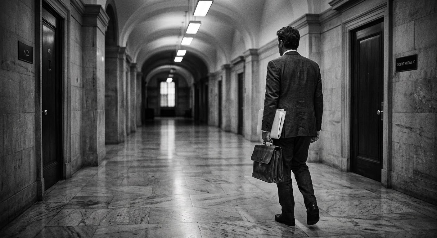 Trial attorney walking alone down a high-ceilinged marble courthouse corridor toward Courtroom 10 carrying briefcase and case files