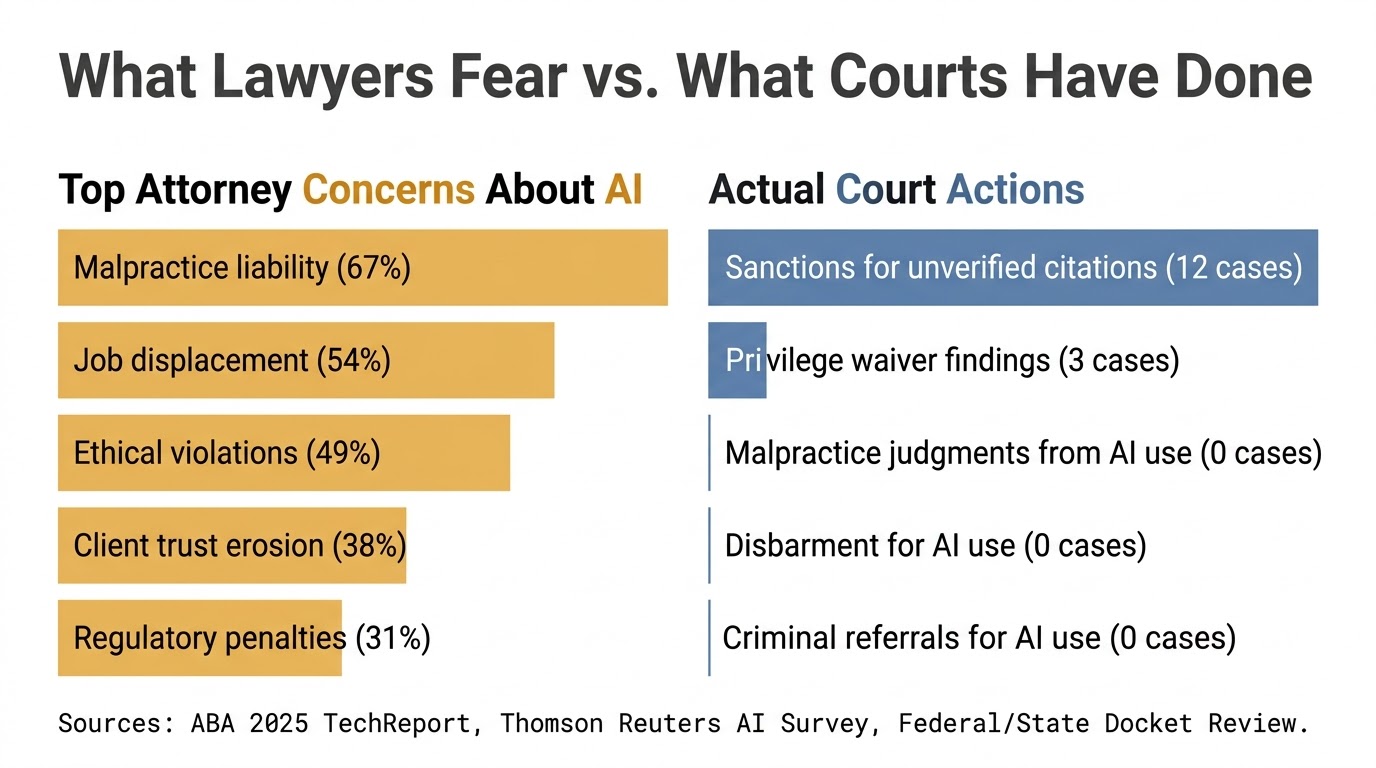 Statistical chart comparing top attorney fears about AI against actual federal and state court judicial actions