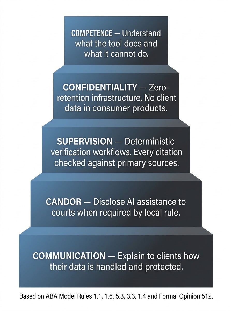 Five-tiered ethical competence pyramid: Competence, Confidentiality, Supervision, Candor, Communication under ABA Model Rules